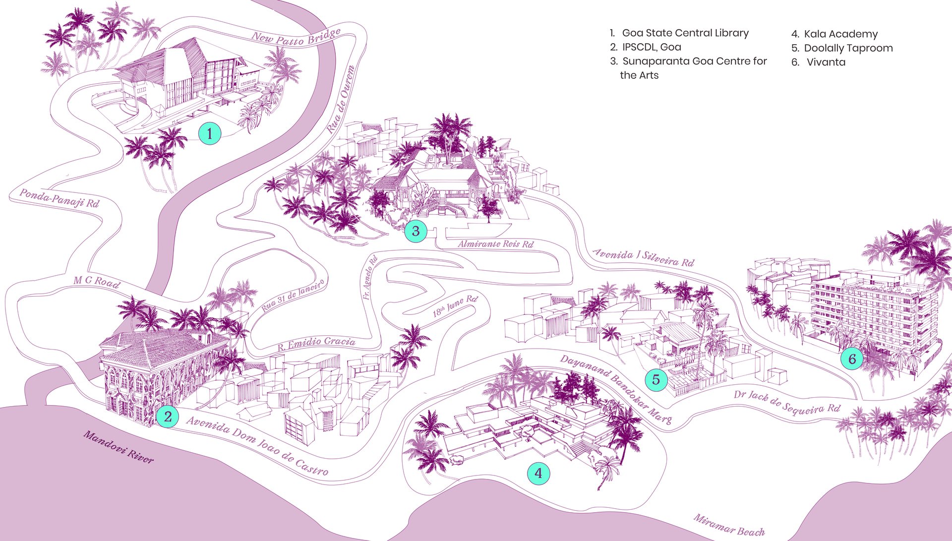 Illustrated map of Panjim marking the six Emergence Festival venues: Goa State Central Library, IPSCDL, Sunaparanta Goa Centre for the Arts, Kala Academy, Doolally Taproom and Vivanta.