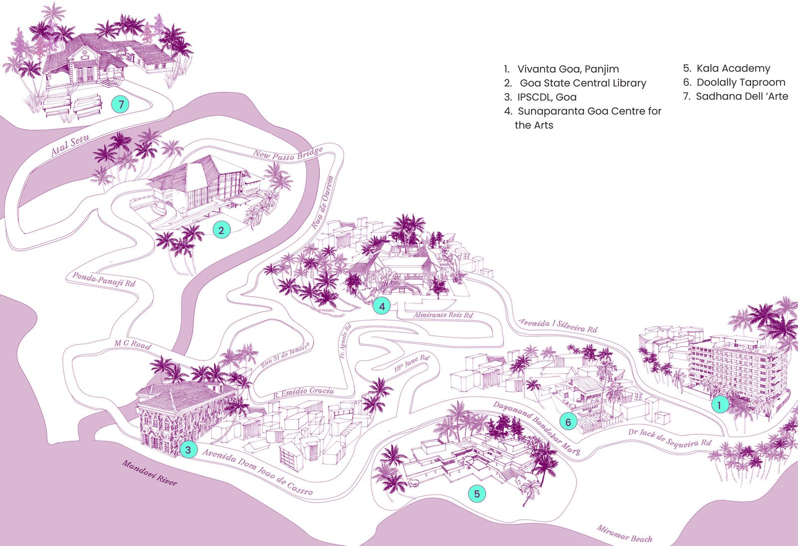 Illustrated map of Panjim marking the seven Emergence Festival venues: 1 Vivanta Goa, Panjim; 2 Goa State Central Library; 3 IPSCDL, Goa; 4 Sunaparanta Goa Centre for the Arts; 5 Kala Academy; 6 Doolally Taproom; 7 Sadhana Dell ‘Arte.